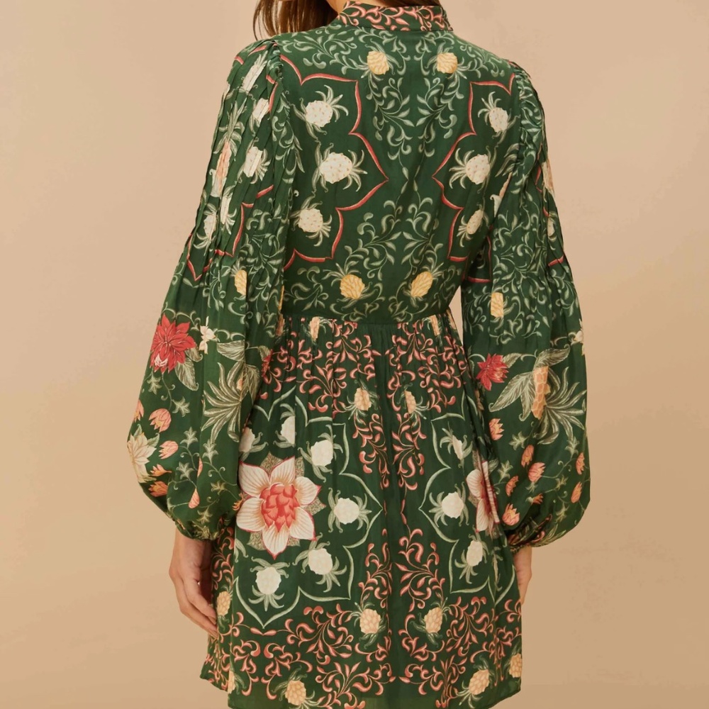 Farm Rio Green Pineapple Garden Long Sleeve Mini Dress